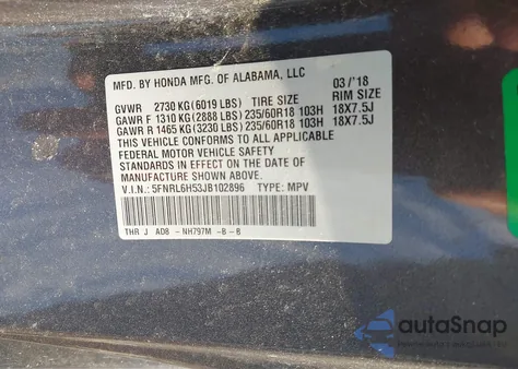 2018 Honda Odyssey Ex z USA, uszkodzony, nr VIN 5FNRL6H53JB102896